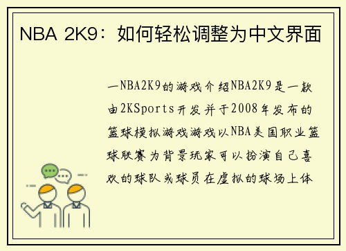 NBA 2K9：如何轻松调整为中文界面