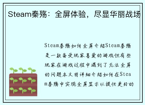 Steam秦殇：全屏体验，尽显华丽战场